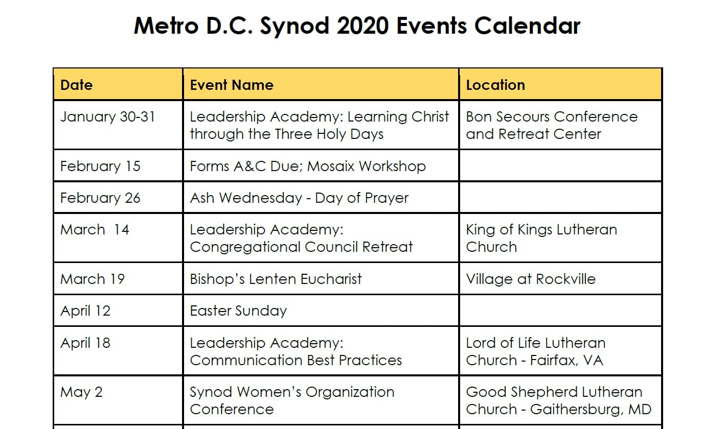 Metro DC Calendar of Events image Metropolitan Washington, D.C. Synod