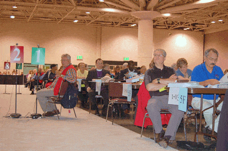 Bishop Graham (purple shirt) is pictured among Voting Members from the Metro D.C. Synod during an assembly business session.