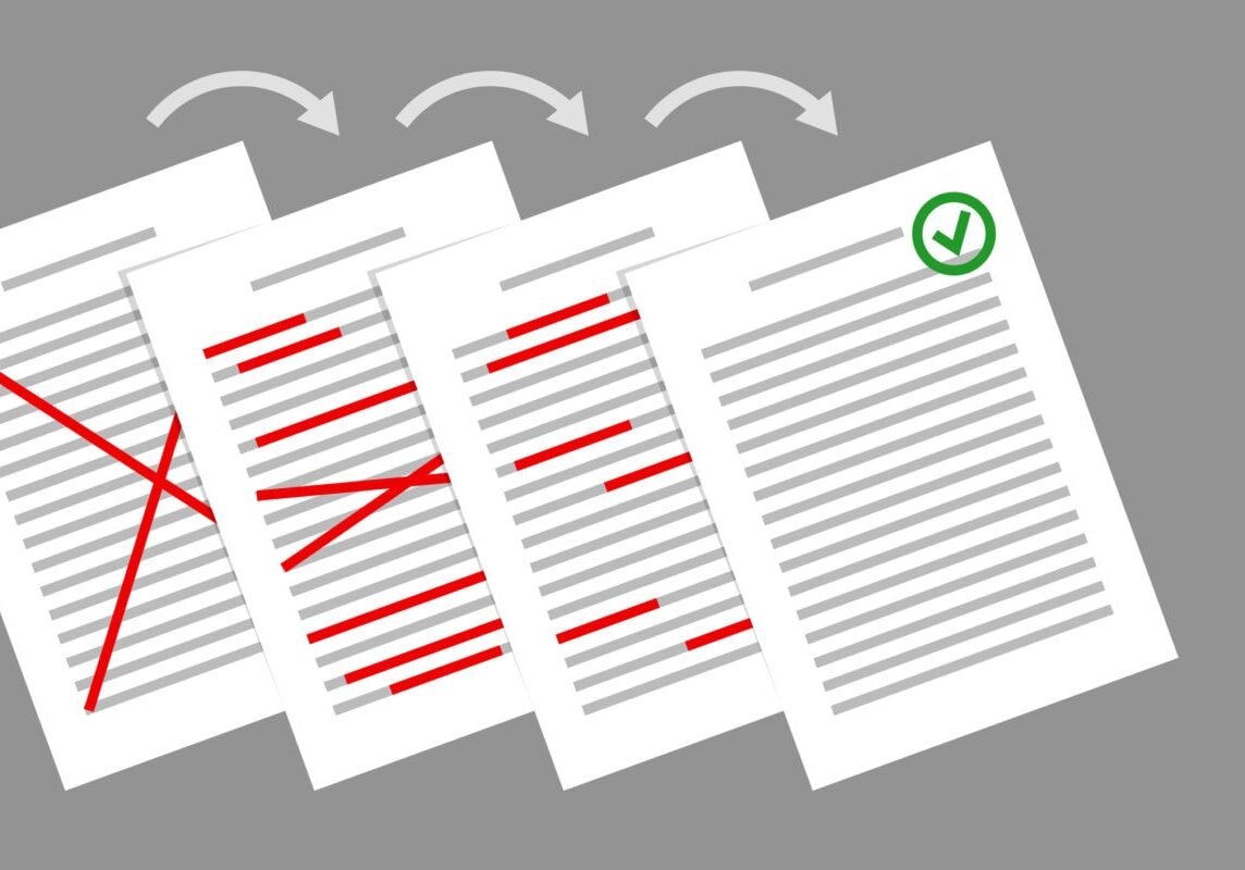 Stack of papers with red corrections, and final corrected document with green approval sign. Concept of text correction, document preparation, making edits by editor or proofreader